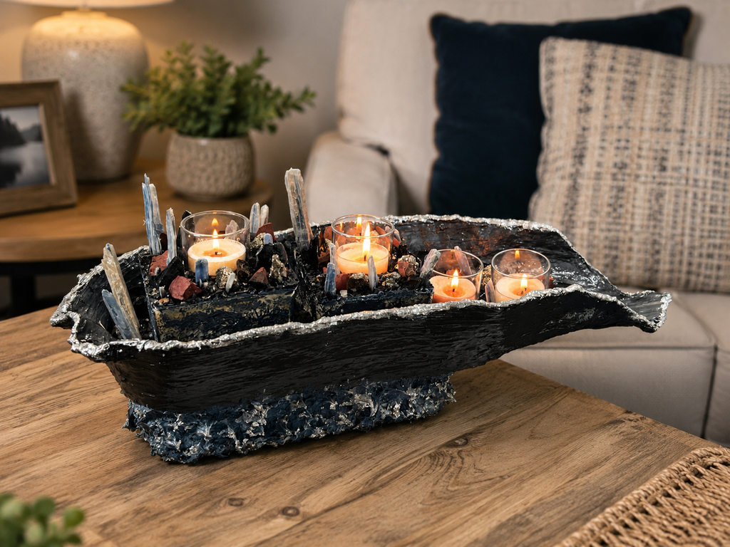 A decorative black boat-shaped candle holder filled with small candles, faux rocks, and crystal-like accents, placed on a wooden table in a cozy living room setting.
